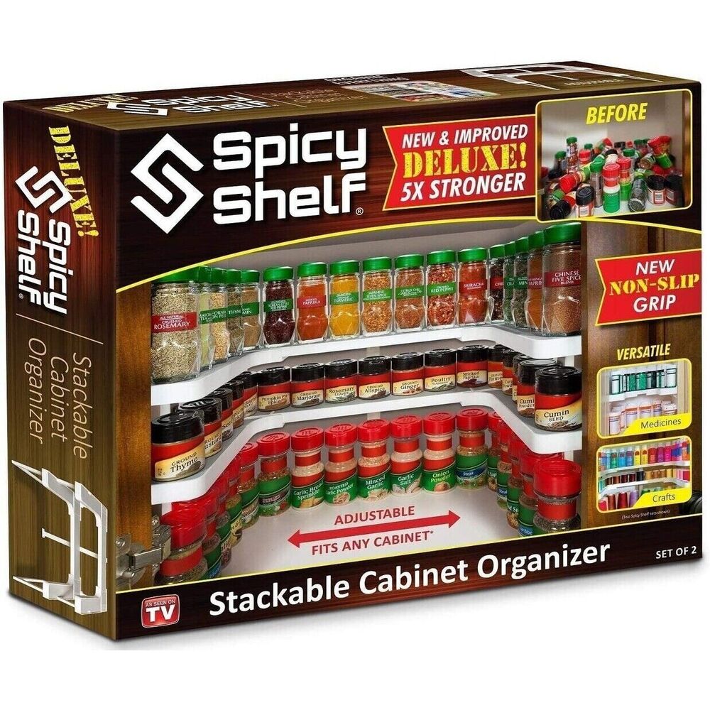 Spicy Shelf Deluxe Set of Two Spice Racks Stackable Cabinet Organizer White-NIB